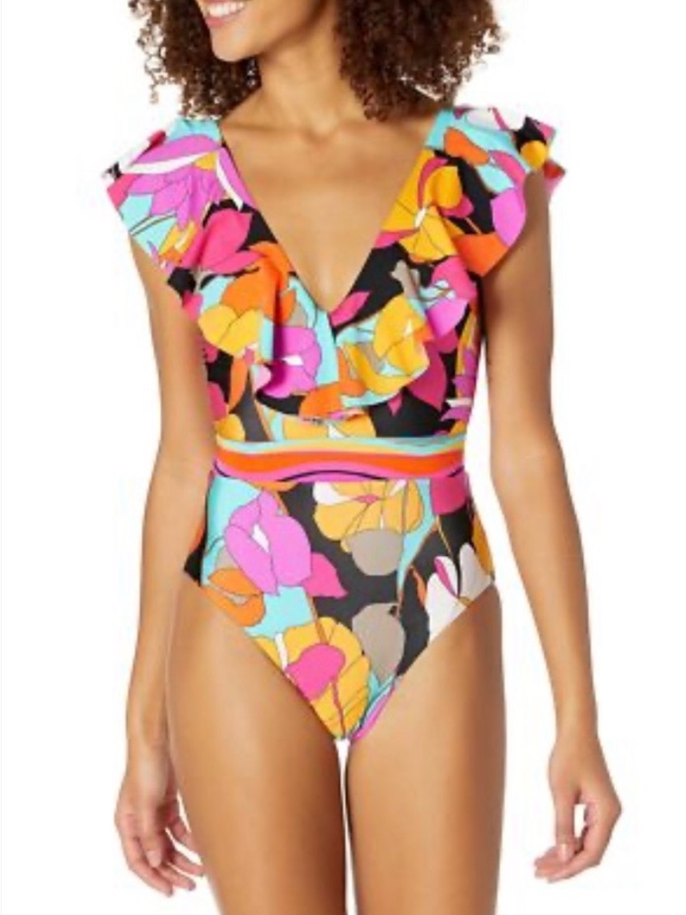 Trina Turk Girls Floral Ruffle One-Piece Swimsuit in Pink, Orange, Taupe and Whi